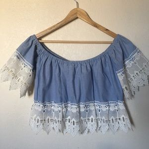 Blue and white embroided crop top
